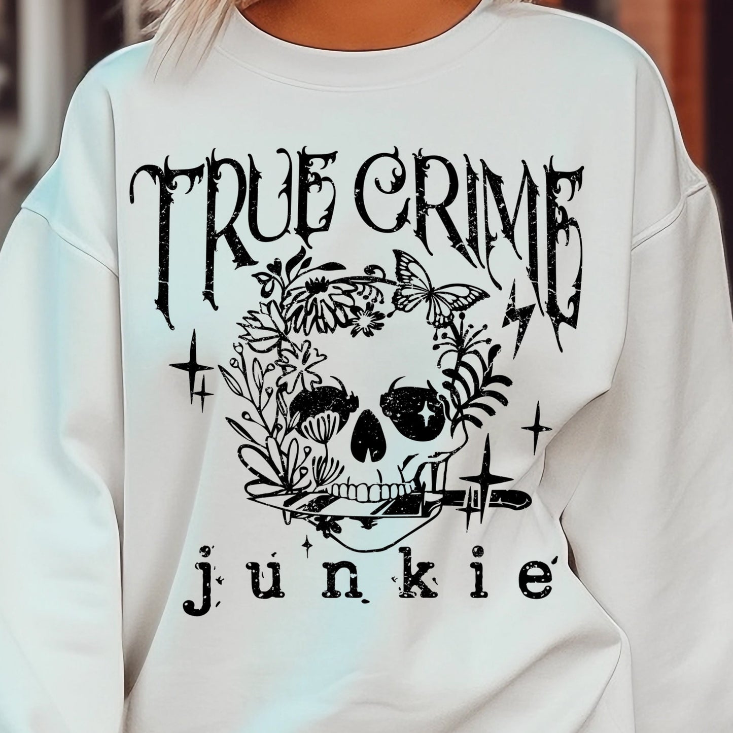 True Crime Junkie- Single Color (black)- 11.5" wide Plastisol Screen Print Transfer