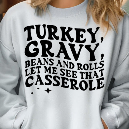 Turkey, Gravy, Beans and Rolls, Let Me See That Casserole- Single Color (black)- 11.5" wide Plastisol Screen Print Transfer