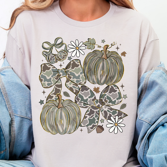 Camo Pumpkin and Bows - Full Color DTF Transfer - 0990