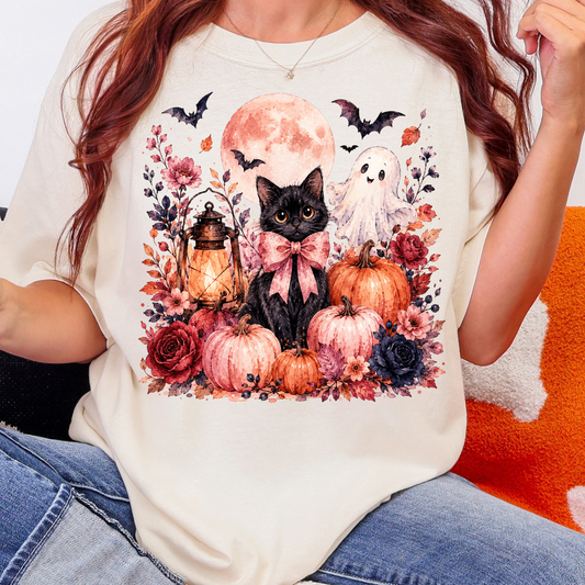 Black Cat w/ Pink Bow & Pumpkins - Full Color DTF Transfer - 0913