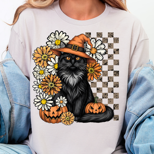 Floral Black Cat - Full Color DTF Transfer - 0934