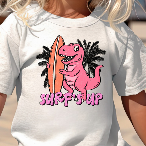 Surf's Up Pink Dino (toddler)- 7" wide DTF Transfer