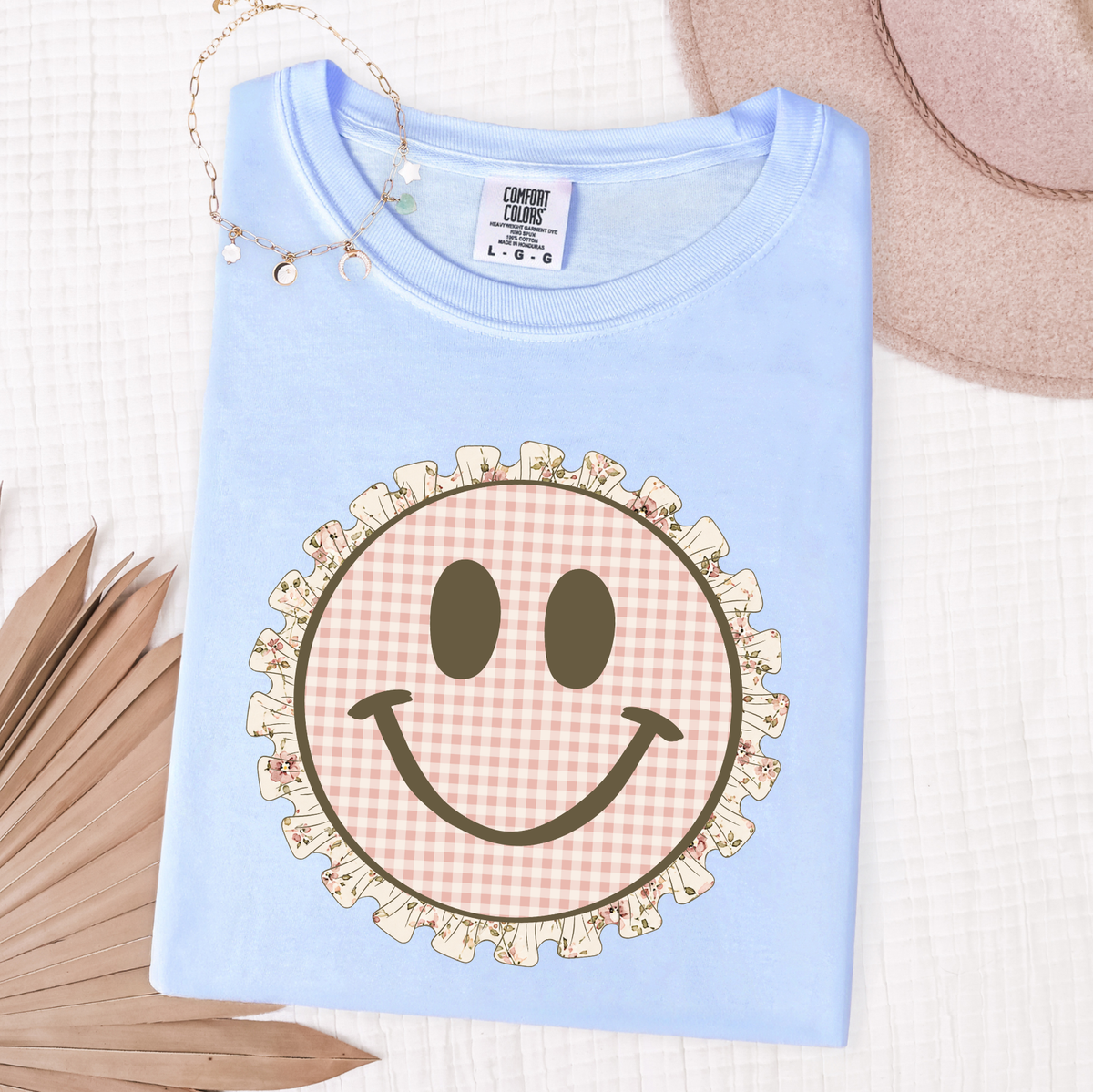 Gingham Floral Smiley - Full Color DTF Transfer - 0836
