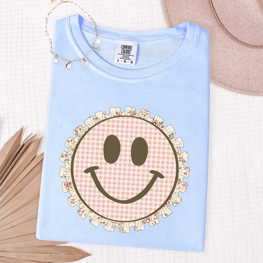 Gingham Floral Smiley - Full Color DTF Transfer - 0836