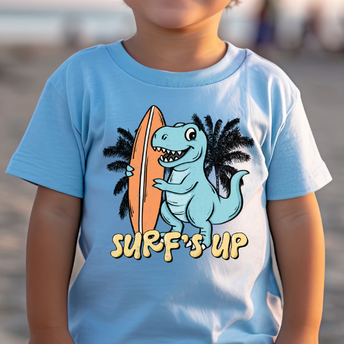 Surf's Up Blue Dino (toddler)- 7" wide DTF Transfer