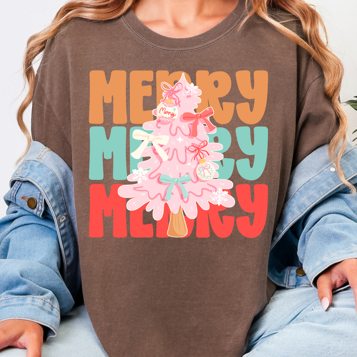 Merry Merry Merry Pink Christmas Tree- Full Color DTF Transfer - 0976