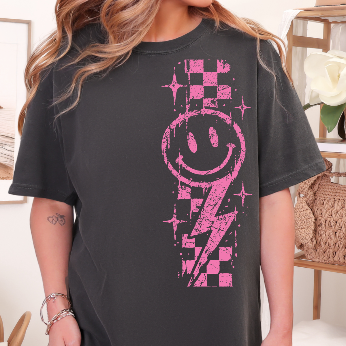 Checkered Smiley Side - Single Color DTF Transfer - 0867