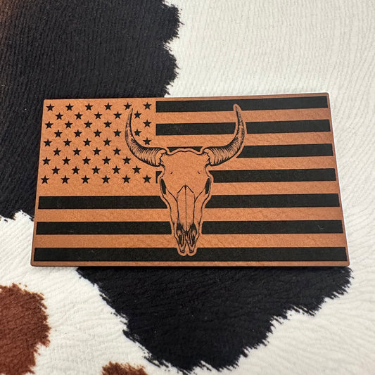 Rectangle Flag Cow Skull- 3.25” wide Leatherette Patch