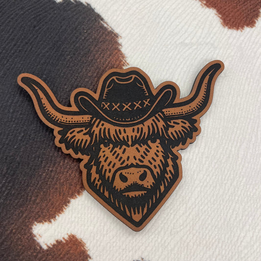 Cowboy Highland Cow- 3" wide x 2.25" tall Leatherette Patch