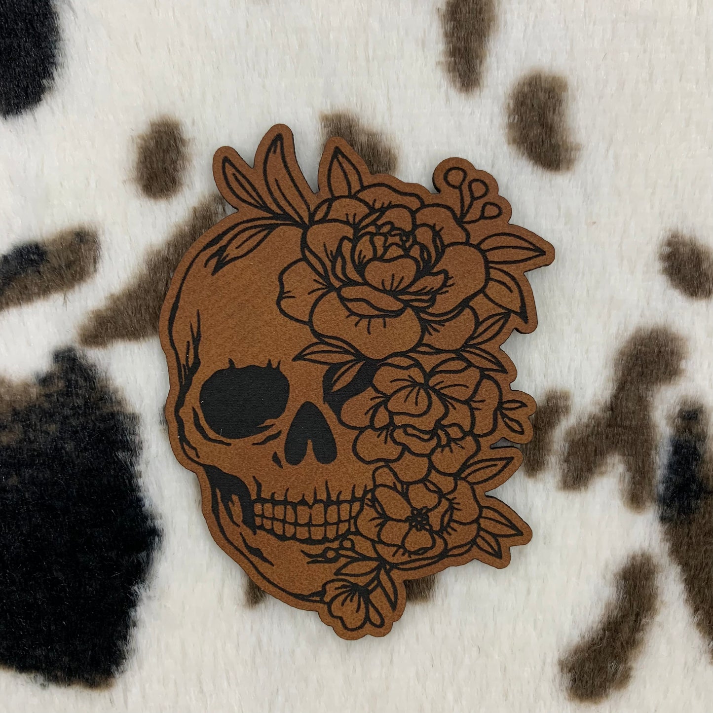 Flower Skull- 2.2" wide x 2.85" tall Leatherette Patch