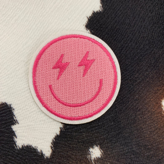 Pink Lightning Smiley- 2" wide Embroidery Patch