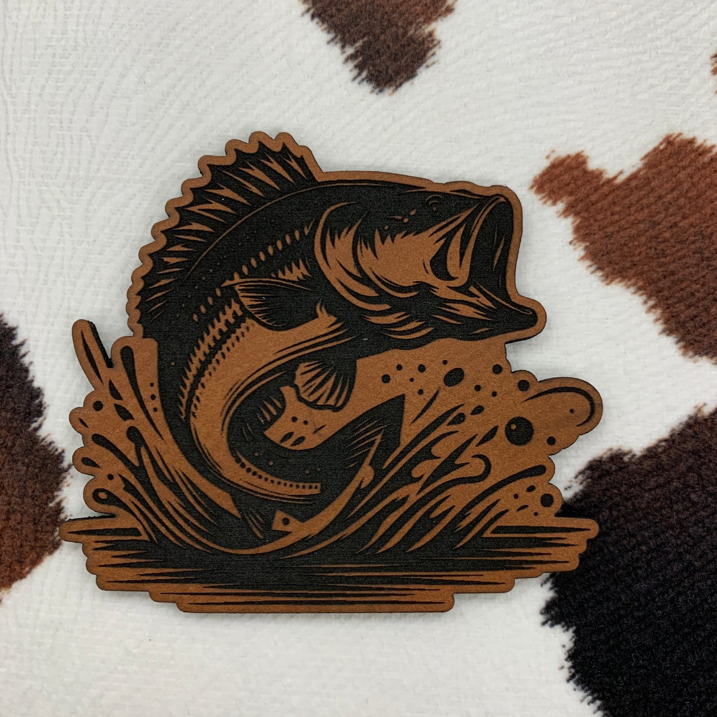Bass Jumping Out of the Water- 2.5" wide x 2.4" tall Leatherette Patch