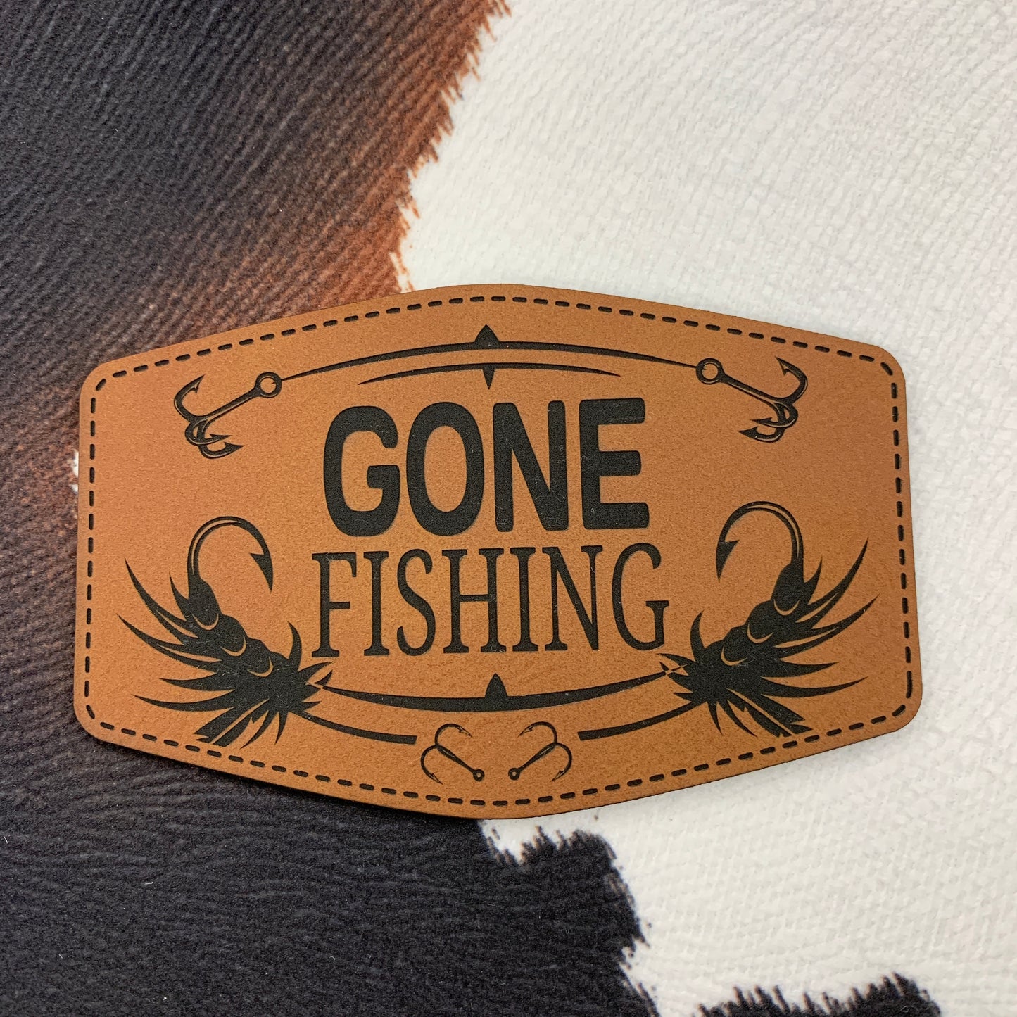 Gone Fishing- 3.5" wide x 2.25" tall Leatherette Patch