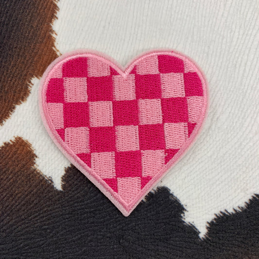 Pink Checkered Heart- 2.5" wide Embroidery Patch