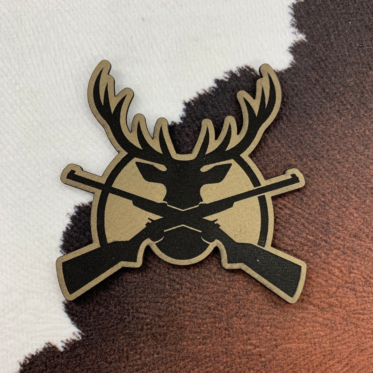 Cross Gun Deer Head- 2.55" wide x 2.25" tall Leatherette Patch