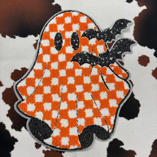 Retro Checkered Ghost- 10" wide x 11.25" tall Chenille Patch