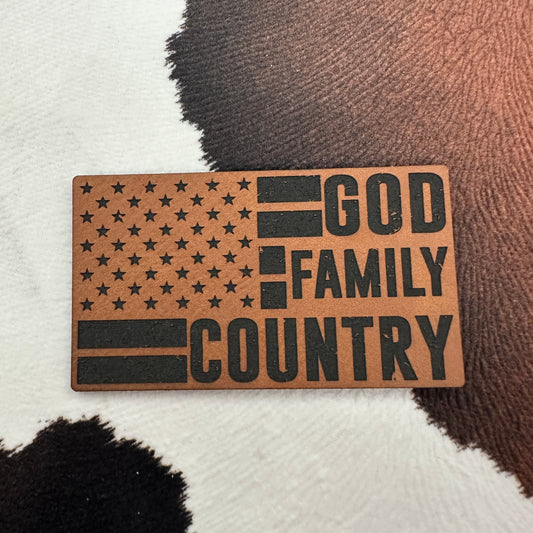 God, Family, Country- 3.25" wide x 1.85" tall Leatherette Patch