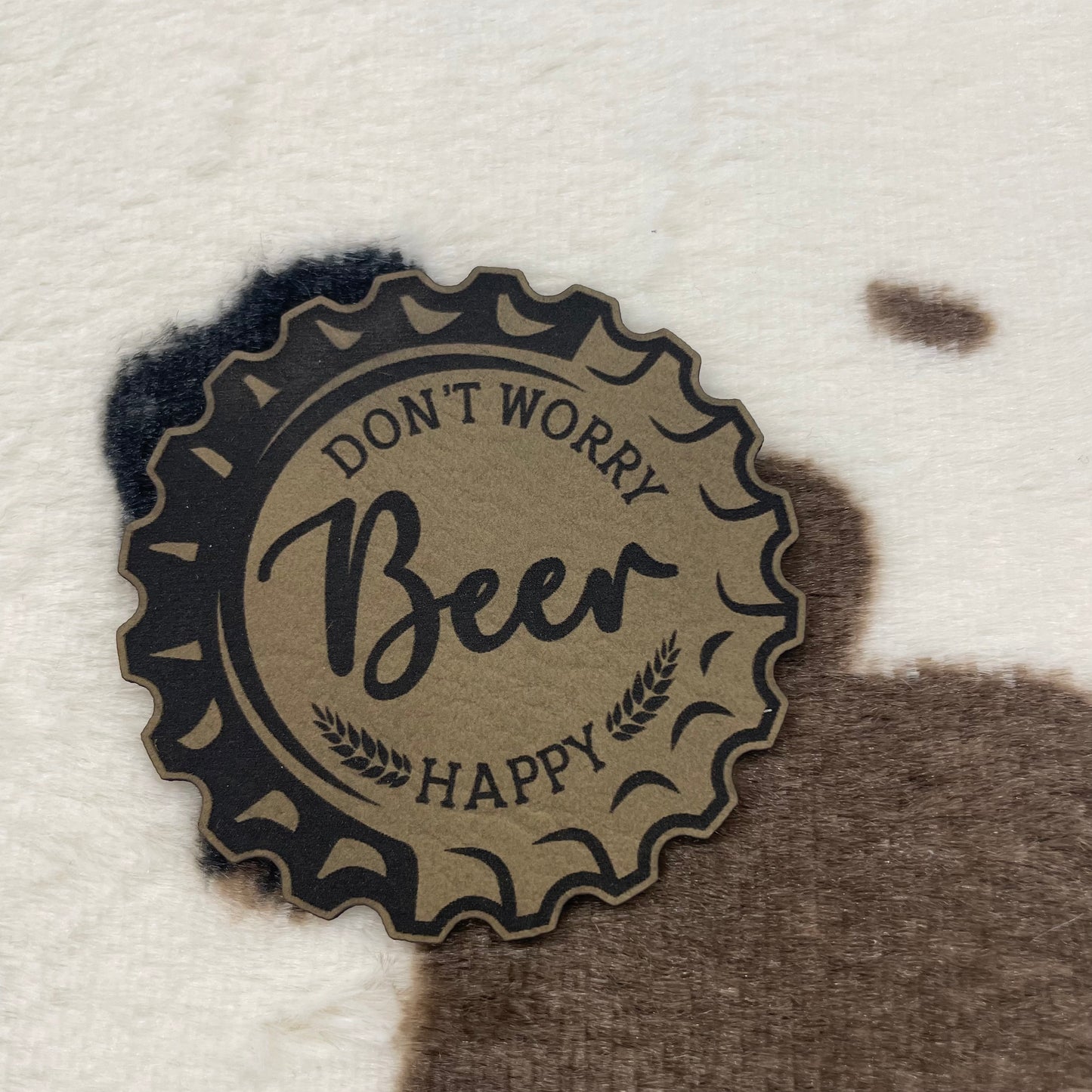 Don't Worry Beer Happy- 2.3" round Leatherette Patch