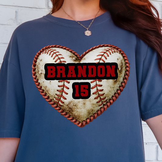 **PERSONALIZED** Baseball Heart with Name and Number- Full Color DTF Transfer
