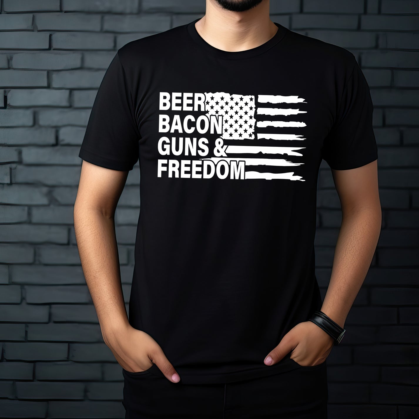 Beer Bacon Guns & Freedom Single Color (white) 11.5" wide Plastisol