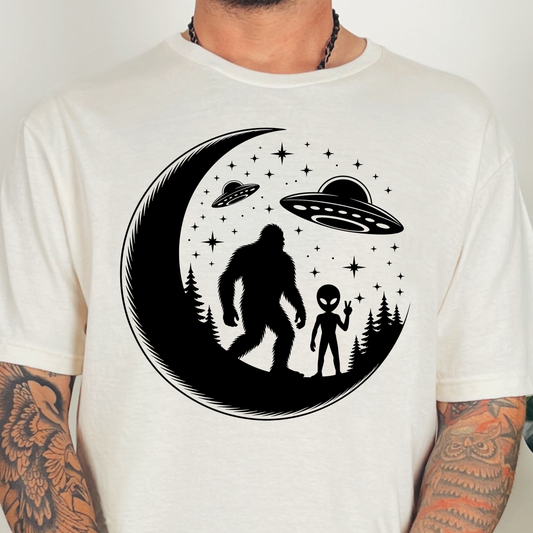 Bigfoot and Alien Friends- Single Color (black)- 11.5” wide Screen Print Transfer