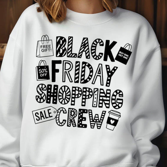 Black Friday Shopping Crew- Single Color (black)- 11.5" wide Plastisol Screen Print Transfer