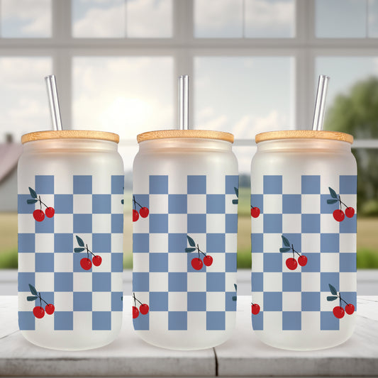 Blue Checkered Cherries UV DTF- 16oz Cup Wrap