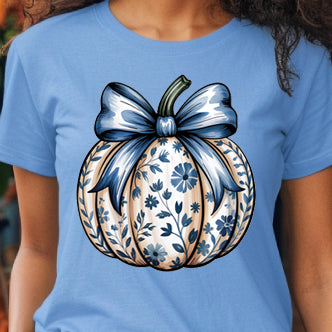 Blue Floral Pumpkin- 11” wide DTF Transfer