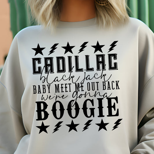 Cadillac, Black Jack, Baby Meet Me Out Back, We're Gonna Boogie - Single Color (black)- 11.5" wide Plastisol Screen Print Transfer