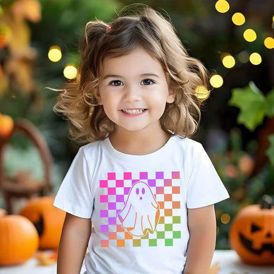 Checkered Ghost (toddler) *GLOW IN THE DARK full color matte clear film*- 7" wide Plastisol Screen Print Transfer