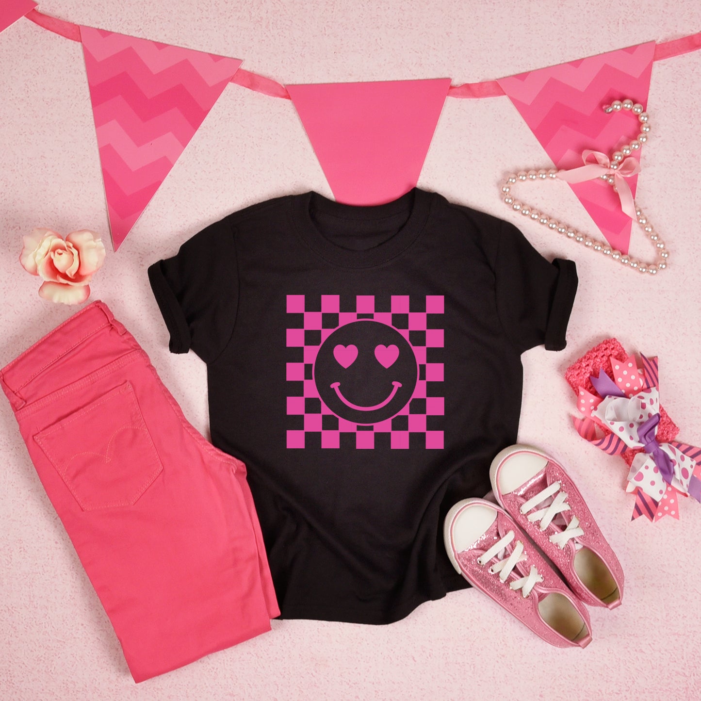 Checkered Heart Smiley (Toddler)- Single Color (bright pink)- 7" wide Plastisol Screen Print Transfer