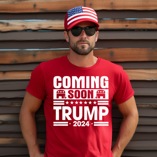 Coming Soon, Trump 2024- Single Color (white)- 11.5" wide Plastisol Screen Print Transfer