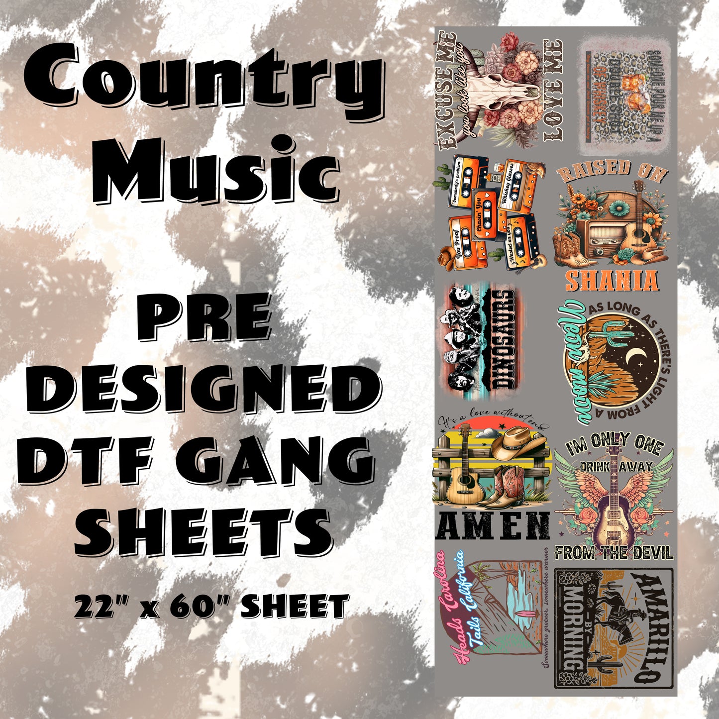 Country Music- Pre Designed DTF Gang Sheet- 22" x 60"