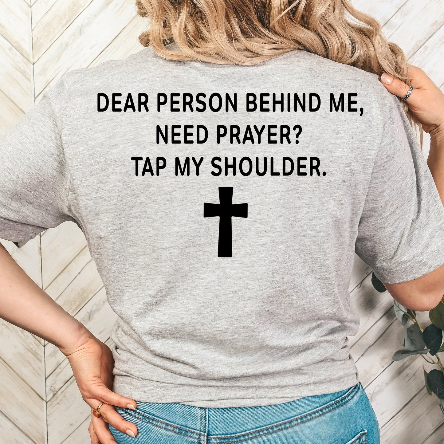 **PREORDER** Dear Person Behind Me, Need Prayer? Tap Me on the Shoulder WITH Cross- Single Color (black)- 11.5" Screen Print Transfer