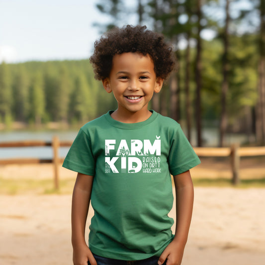 Farm Kid-Raised on Dirt & Hard Work (Toddler)- Single Color (white)- 7" wide Plastisol Screen Print Transfer