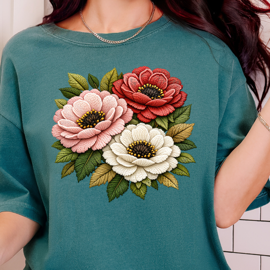 Faux Embroidered Flowers- Full Color DTF Transfer