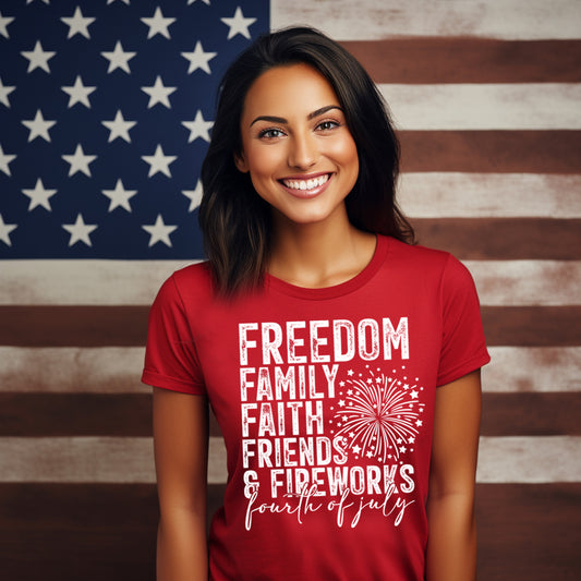 Freedom, Family, Faith, Friends, Fireworks…4th of July- Single Color (white)- 11.5" wide Plastisol Screen Print Transfer