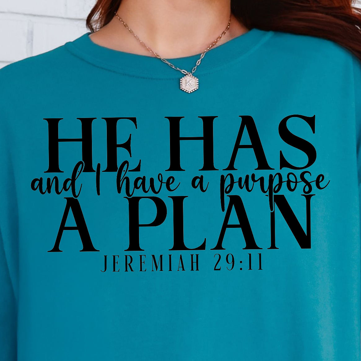 He Has a Plan and I Have a Purpose- Single Color (black)- 11.5” wide Screen Print Transfer