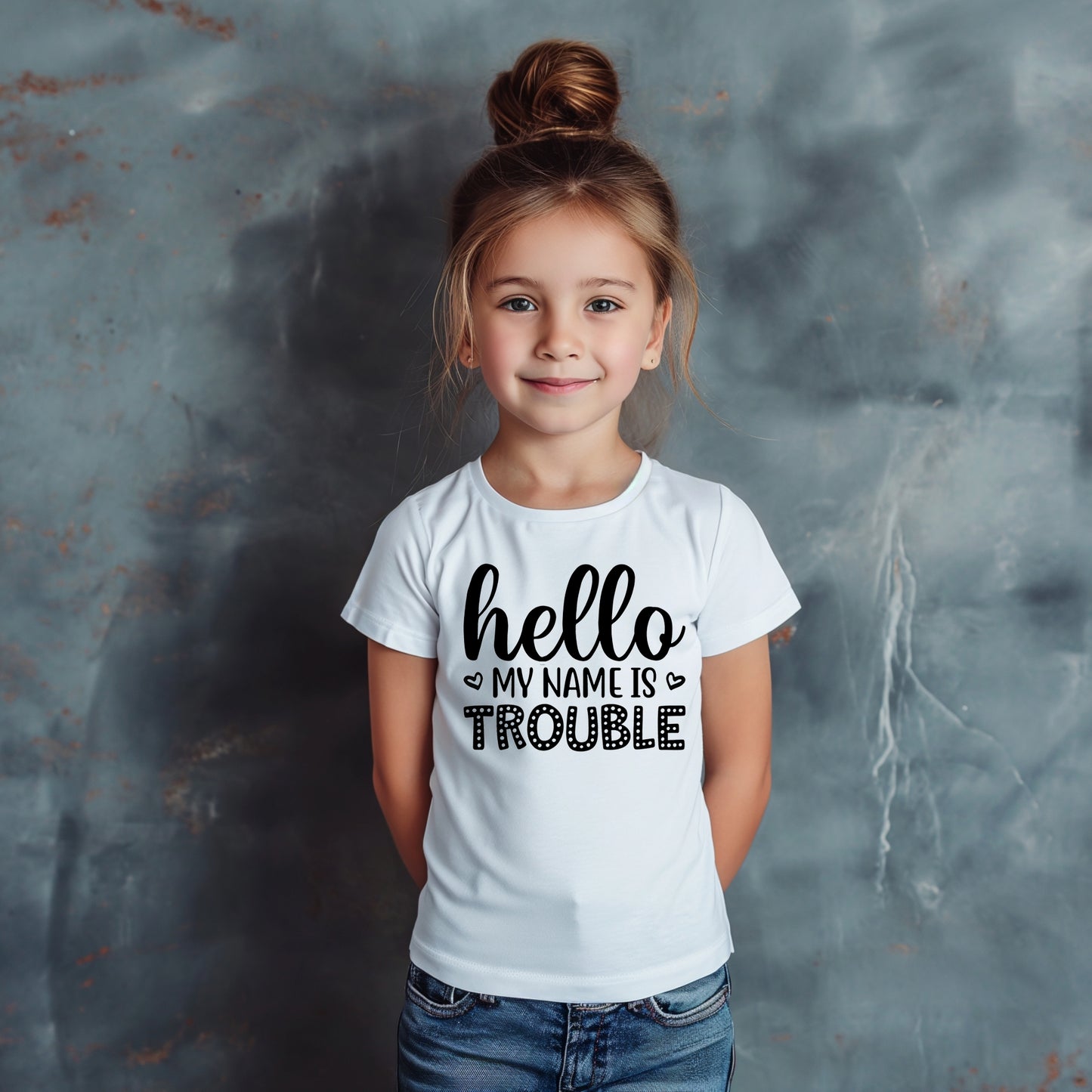 Hello My Name is Trouble  (toddler)- Single Color (black)- 7" wide Screen Print Transfer