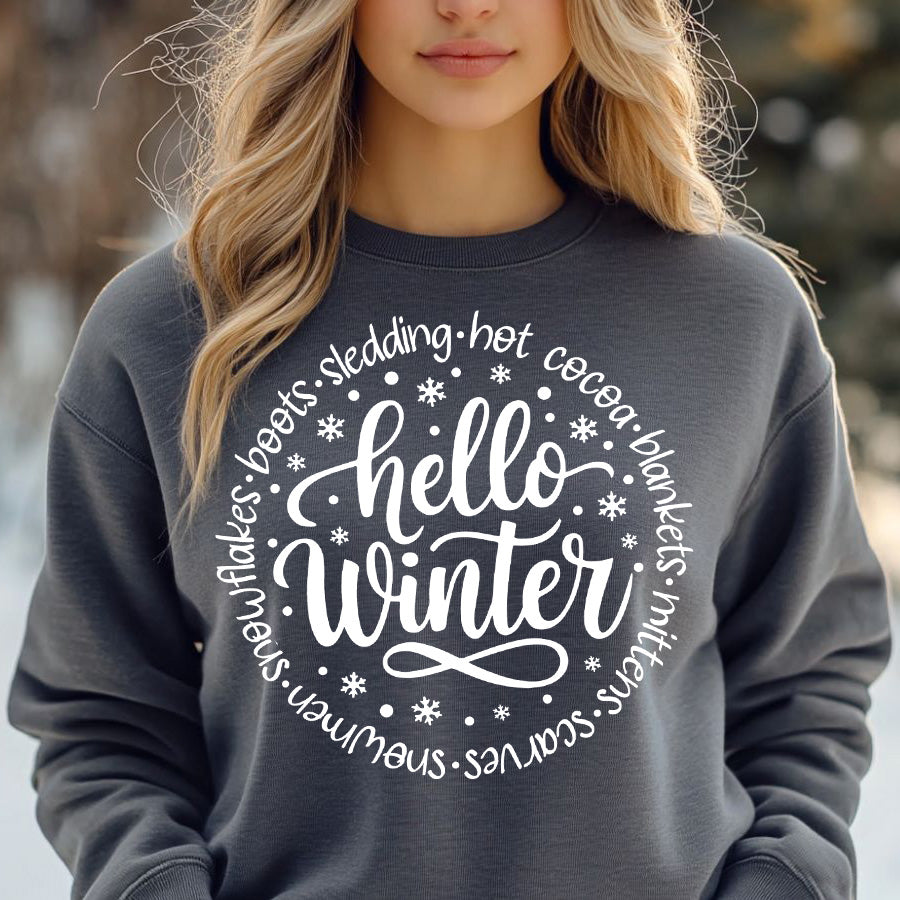 Hello Winter- Single Color (white)- 11.5" wide Plastisol Screen Print Transfer