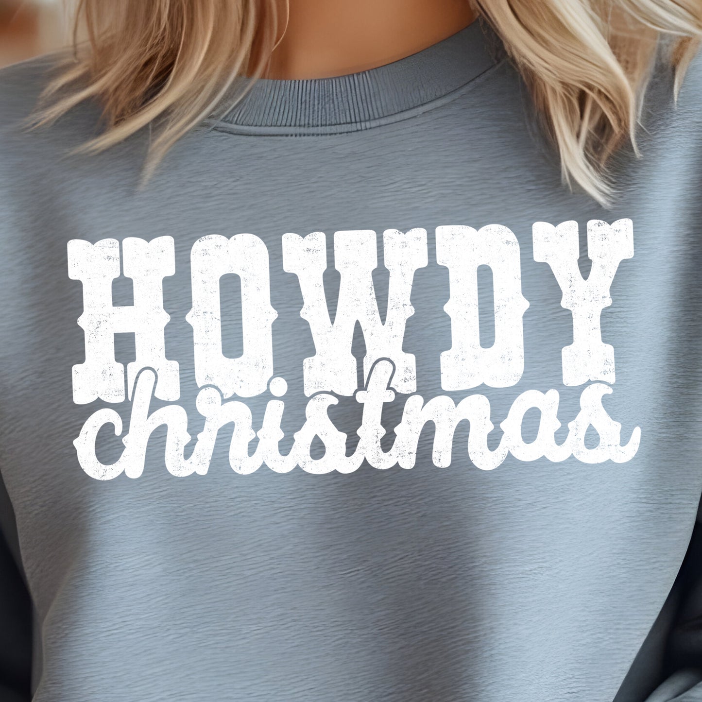 Howdy Christmas Distressed- Single Color (white)- 11.5” wide Screen Print Transfer
