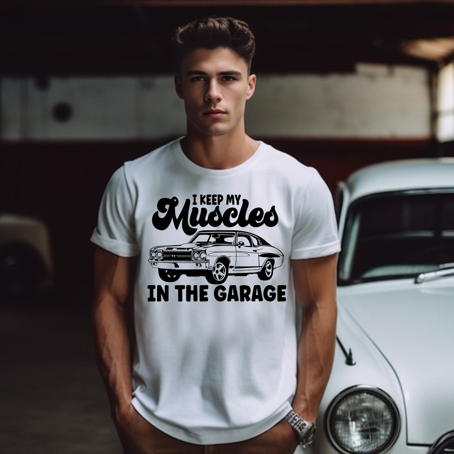 I Keep My Muscles in the Garage- Single Color (black)- 11.5" wide Plastisol Screen Print Transfer