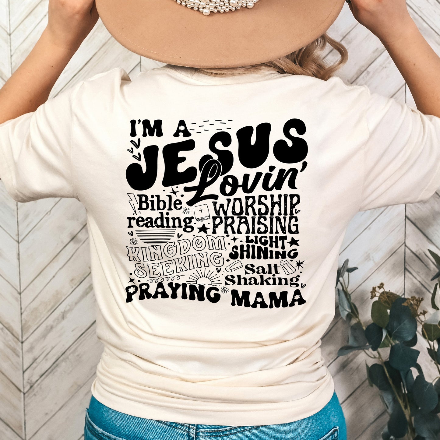 I'm a Jesus Lovin', Bible Leading, Worship Praising, Kingdom Seeking, Light Shining, Salt Shaking, Praying Mama- Single Color (black)- 11.5" wide Plastisol Screen Print Transfer