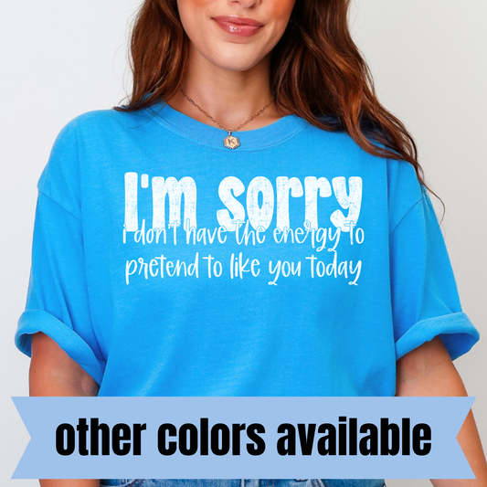 I'm Sorry I Don't Have the Energy to Pretend To Like You Today- Single Color DTF Transfer