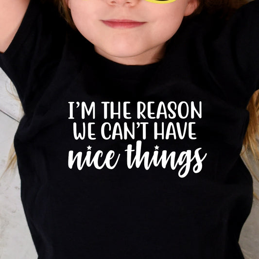 I'm the Reason We Can't Have Nice Things (toddler)- Single Color (white)- 7.25” wide Screen Print Transfer