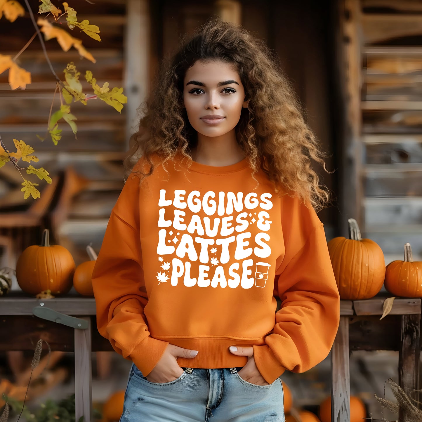 Leggings, Leaves and Lattes Please- Single Color (white)- 11.5" wide Screen Print Transfer