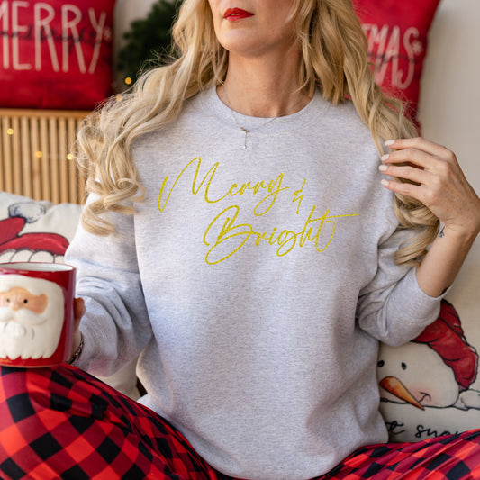 Merry & Bright- Single Color (metallic gold)- 11.5" wide Plastisol Screen Print Transfer