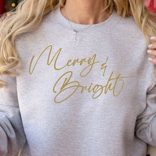 Merry & Bright- Single Color (metallic gold)- 11.5" wide Plastisol Screen Print Transfer