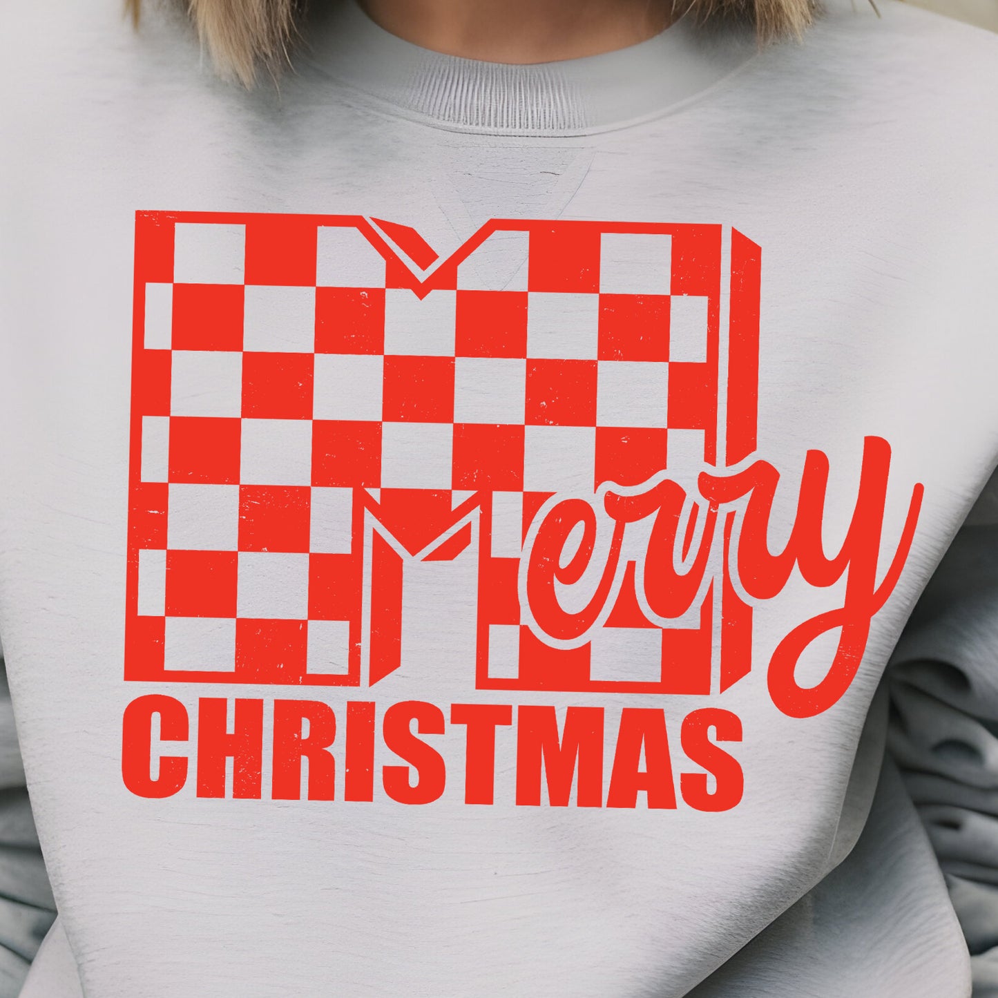 Checkered Merry Christmas- Single Color (red)- 11.5” wide Screen Print Transfer