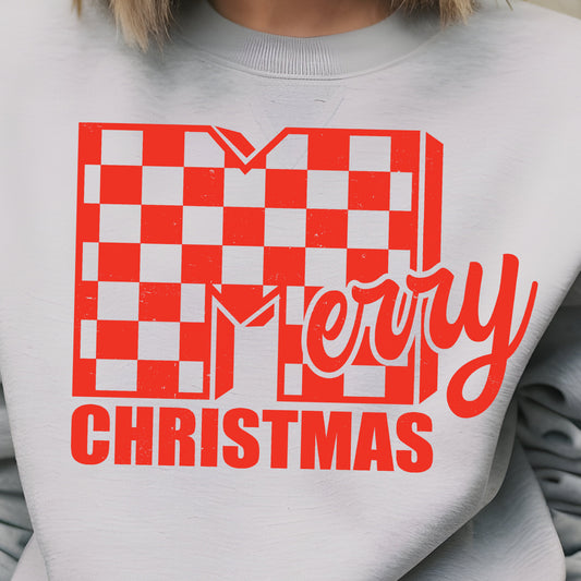 Checkered Merry Christmas- Single Color (red)- 11.5” wide Screen Print Transfer